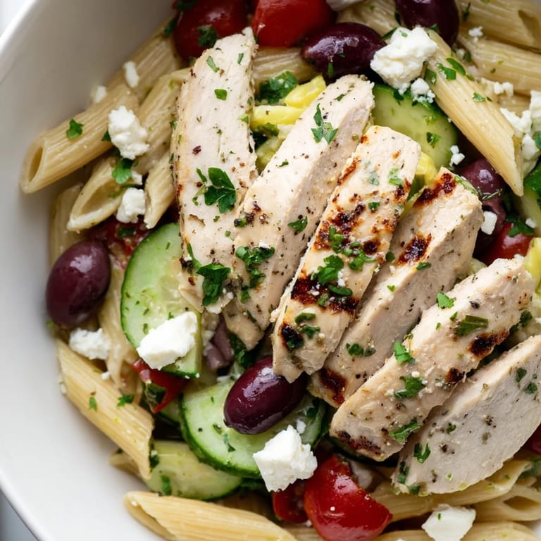 Close-up of a vibrant Greek Chicken Pasta Bowl with sliced chicken, halved cherry tomatoes, creamy feta, and a light lemon-oregano dressing.