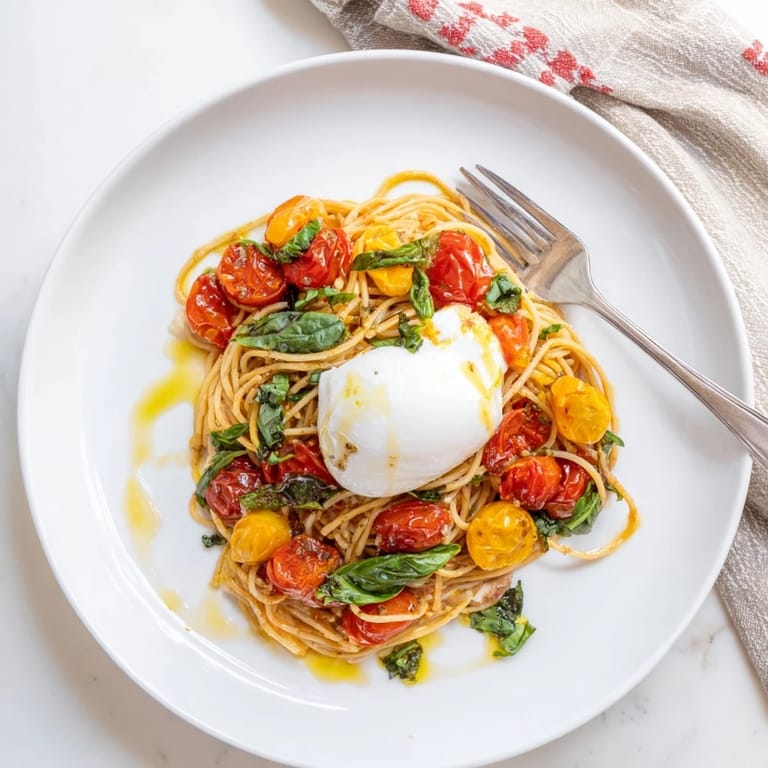 A comforting bowl of burrata caprese pasta with creamy cheese pulls, fresh basil garnish, and vibrant cherry tomatoes.