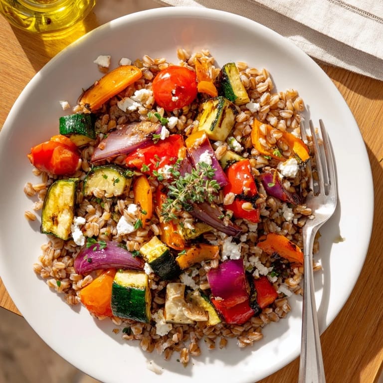Golden roasted vegetables like red onion and carrot mix with chewy farro in this Mediterranean Farro With Roasted Vegetables recipe.