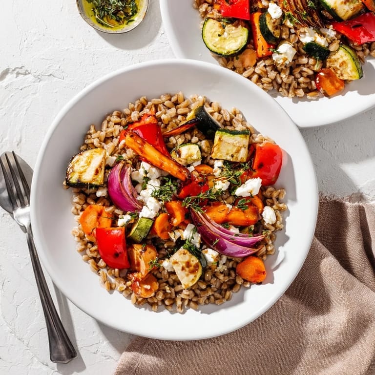 Hearty Farro With Roasted Vegetables served as a main dish, garnished with optional feta and a drizzle of balsamic vinegar.