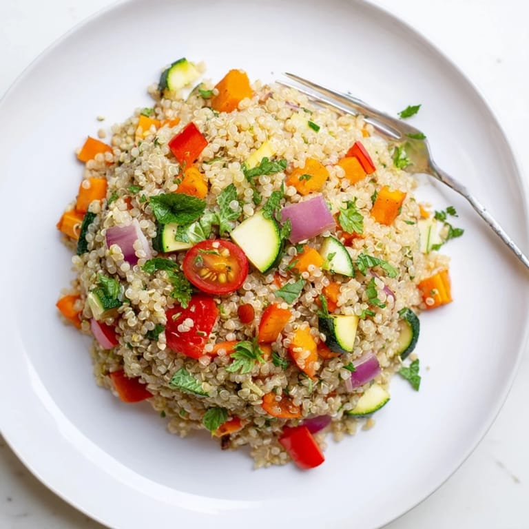 Healthy Quinoa Vegetable Pilaf with vibrant seasonal vegetables and herbs, plated for a nutritious main dish or side, perfect for a vegetarian dinner.