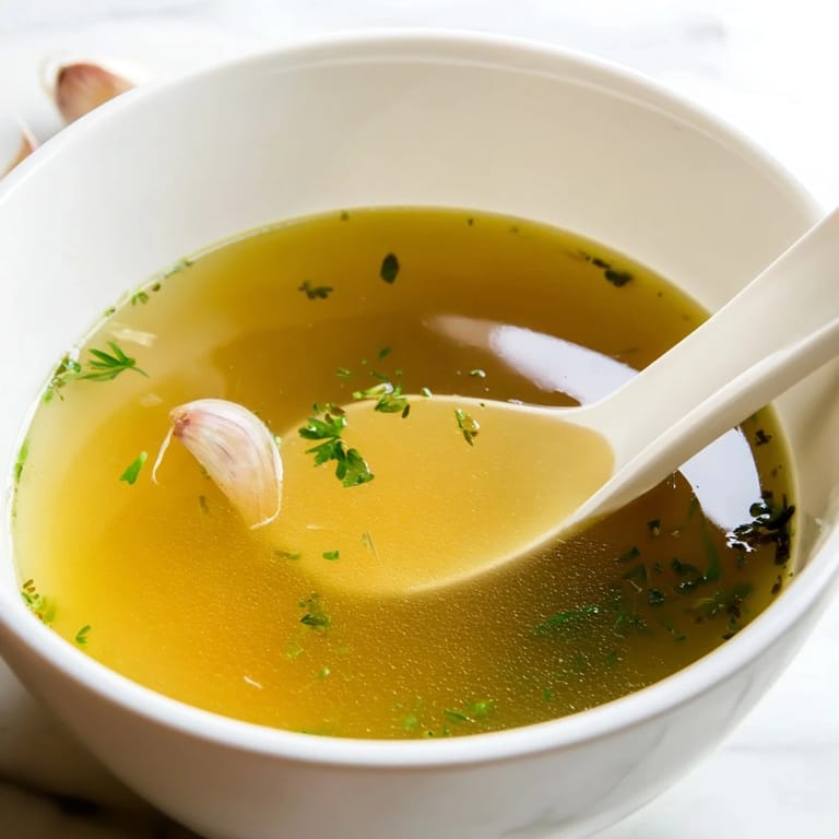 Serving suggestion for Vegetable Broth From Scraps in a rustic bowl, garnished with fresh parsley, ready for a comforting soup base.