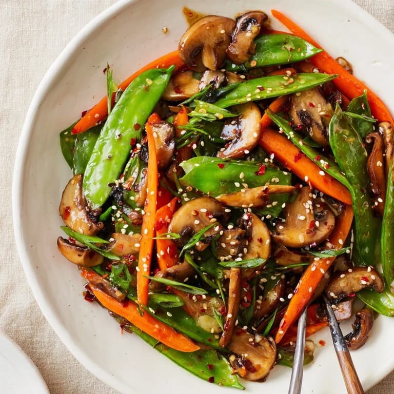Aromatic ginger stir-fried vegetables featuring crisp red bell peppers and onions, garnished with toasted sesame seeds and fresh green onions.