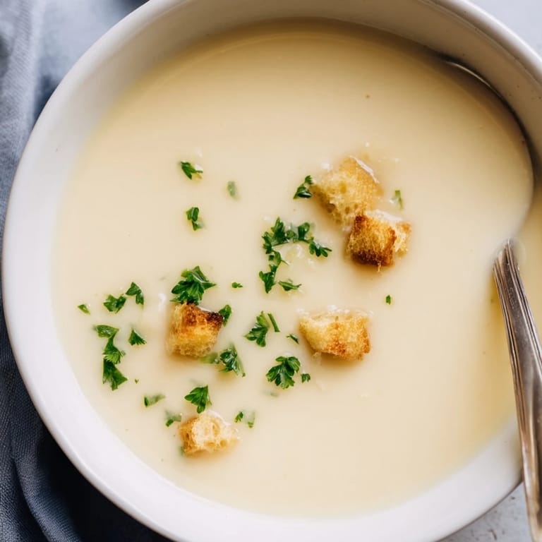 Golden roasted garlic soup simmering in a pot, with a ladle ready to serve alongside crusty bread for dipping.  