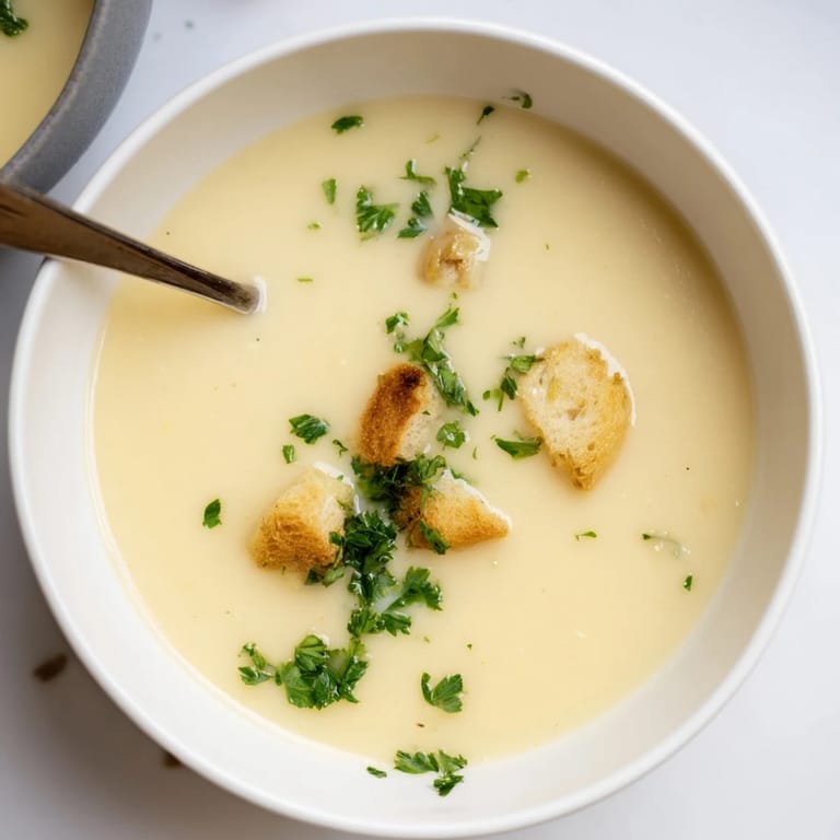 Velvety roasted garlic soup presented in a rustic bowl, topped with parsley and a swirl of cream for a cozy meal.