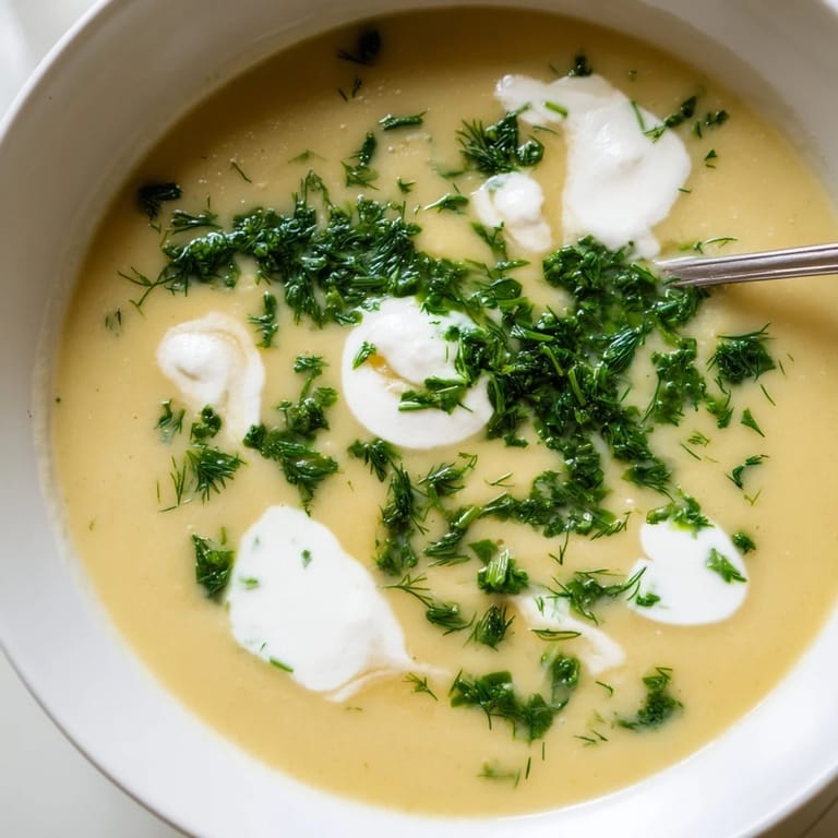 A close-up of creamy parsnip and herb soup garnished with fresh herbs, beside a slice of crusty bread for dipping.