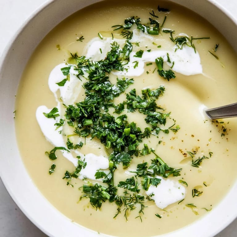 Ladle of rich parsnip and herb soup over a golden swirl of cream, topped with fresh dill and tarragon.