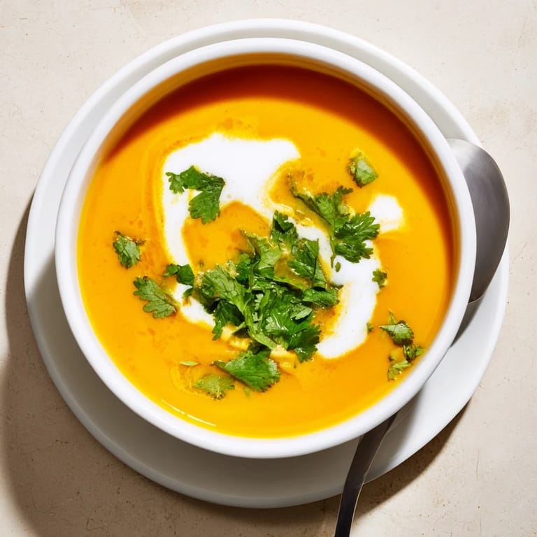 Silky smooth, warm carrot ginger soup served with a slice of crusty bread for dipping.