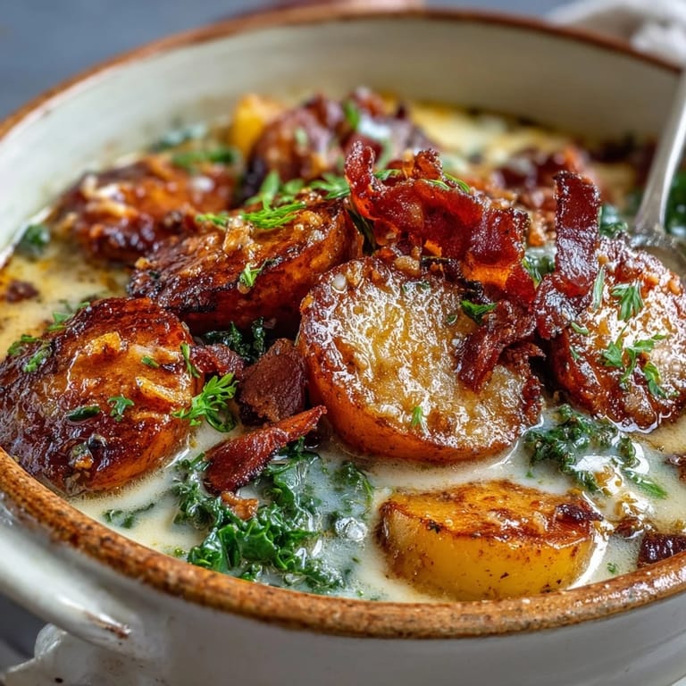 Fried bacon crumbles and red pepper flakes garnish this hearty Italian Sausage Soup.