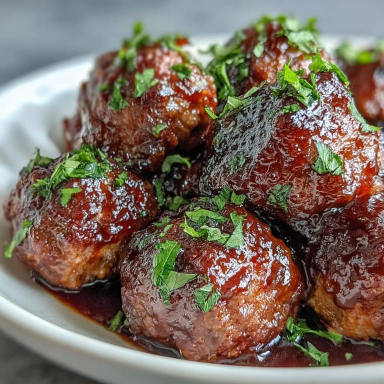 Tender beef meatballs coated in sweet and tangy Slow Cooker Peach Glazed Meatballs, garnished with fresh parsley and ready to serve as a party appetizer.
