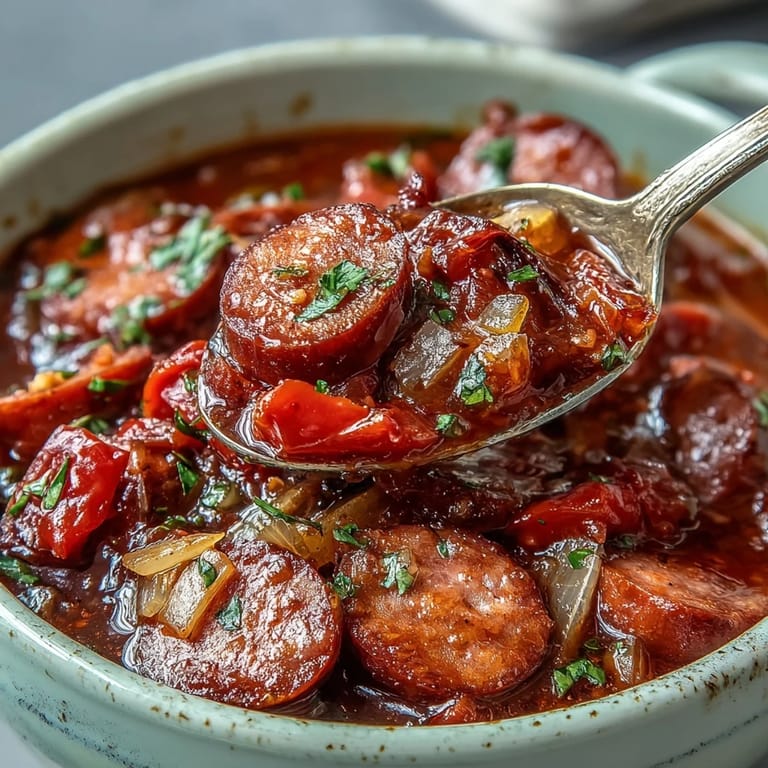 Family-style Crock Pot BBQ Cocktail Sausage Soup in a rustic pot, showcasing smoked sausage pieces and vibrant red bell peppers.