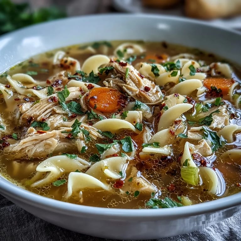Comforting Instant Pot Chicken Noodle Soup served family-style, filled with vegetables and broth for a cozy meal.