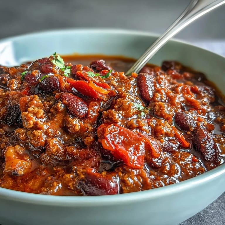 Close-up of thick Slow Cooker Chili with beans and ground beef, steaming in a rustic bowl.