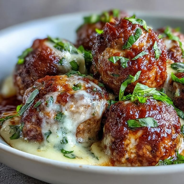 Garnished Cheesy, Garlicky Meatballs With Marinara served over gluten-free pasta alongside crusty Italian bread for dipping.