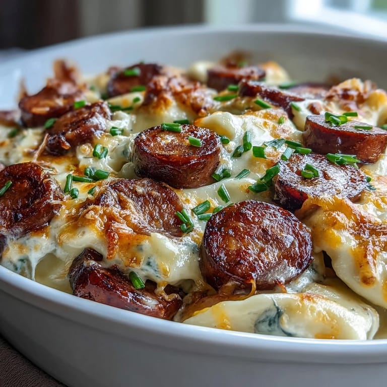 The Crockpot Pierogi Casserole With Kielbasa is ready to serve on a wooden table.