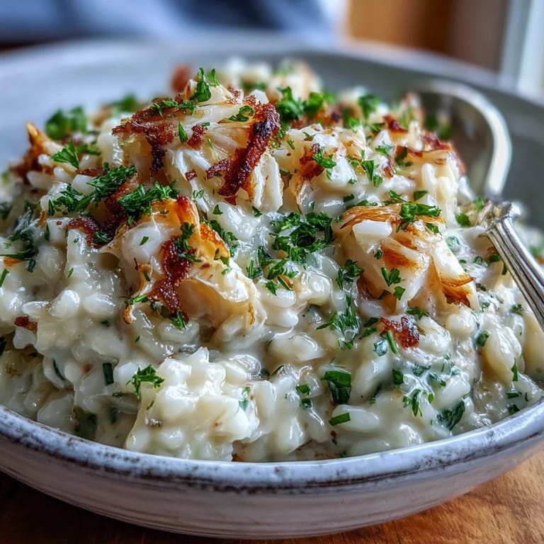 Poached Smoked Haddock Risotto with tender flaky fish folded into cheesy Arborio rice, garnished with parsley on a rustic wooden table.