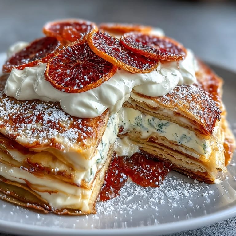 Close-up slice of Blood Orange Curd Crêpe Cake reveals alternating delicate crêpes and tangy blood orange curd, with a dollop of whipped cream and powdered sugar dusting.