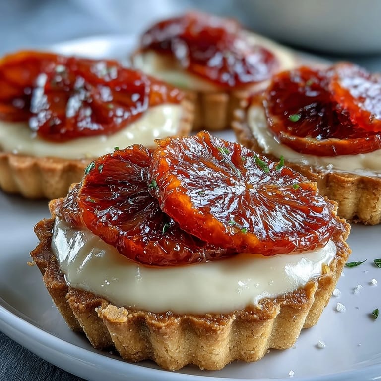 A plated Blood Orange Tart with buttery tart shell, creamy vanilla custard filling, and jewel-like blood orange pieces.