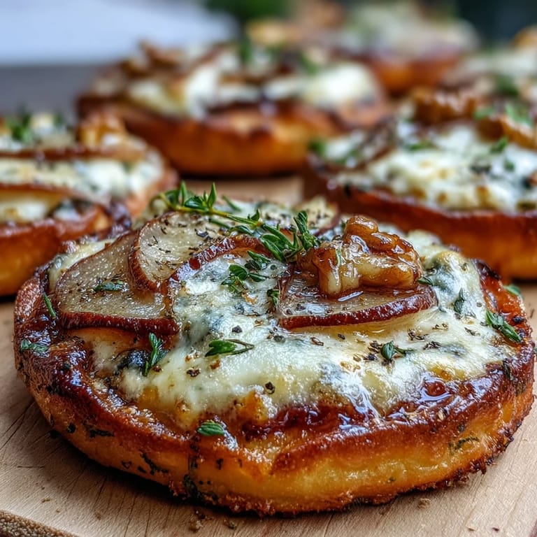 Close-up of a single pear, Gorgonzola, and pickled walnut pizzette showing bubbling cheese, crisp golden crust, and tender pear slices.