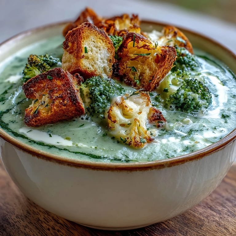 Homemade Cauliflower and Broccoli Soup blended velvety smooth, garnished with fresh thyme and a swirl of milk, ready to enjoy with crusty bread.