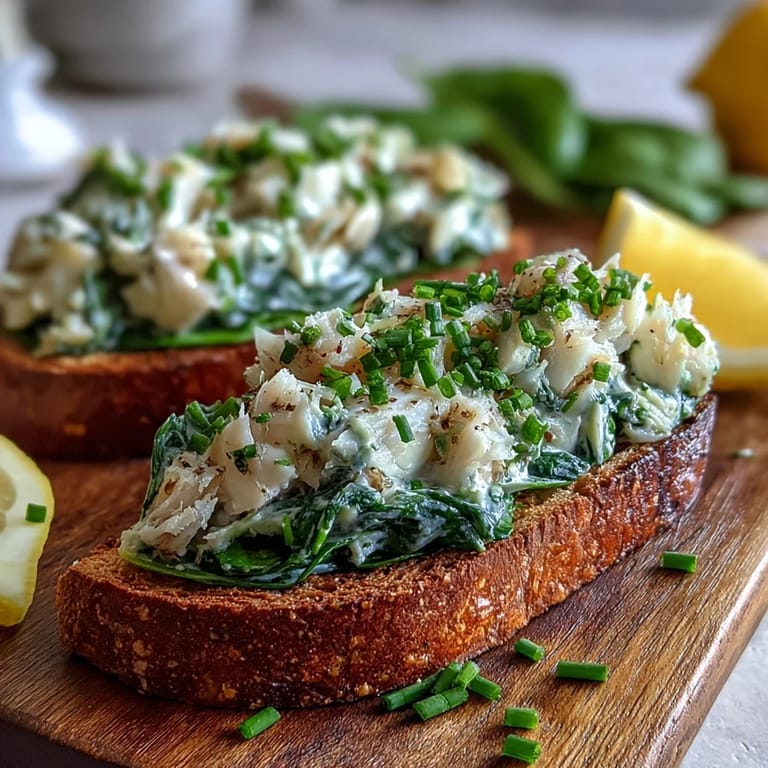 Close-up of Smoked Haddock and Spinach Rye Toasts garnished with chives and lemon, showing flaky fish texture. A protein-packed British breakfast idea.