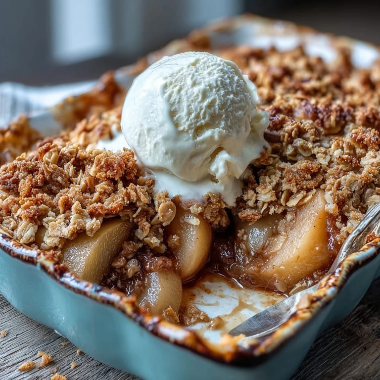 Freshly baked Pear Crumble in a white dish, served warm with a melting scoop of vanilla ice cream.