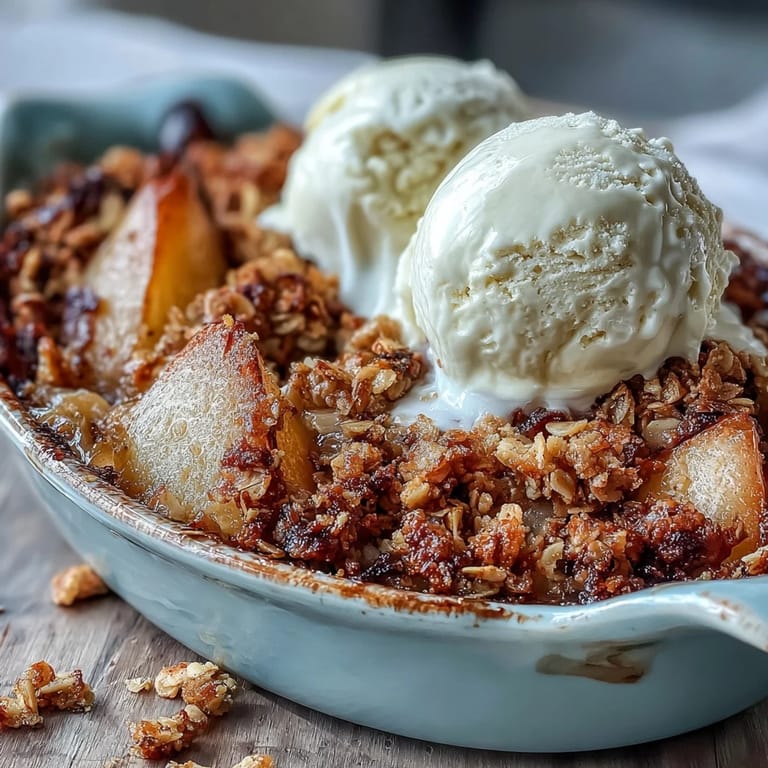 Golden-brown Pear Crumble with cinnamon-spiced pear filling, ready to serve for an easy comforting dessert.