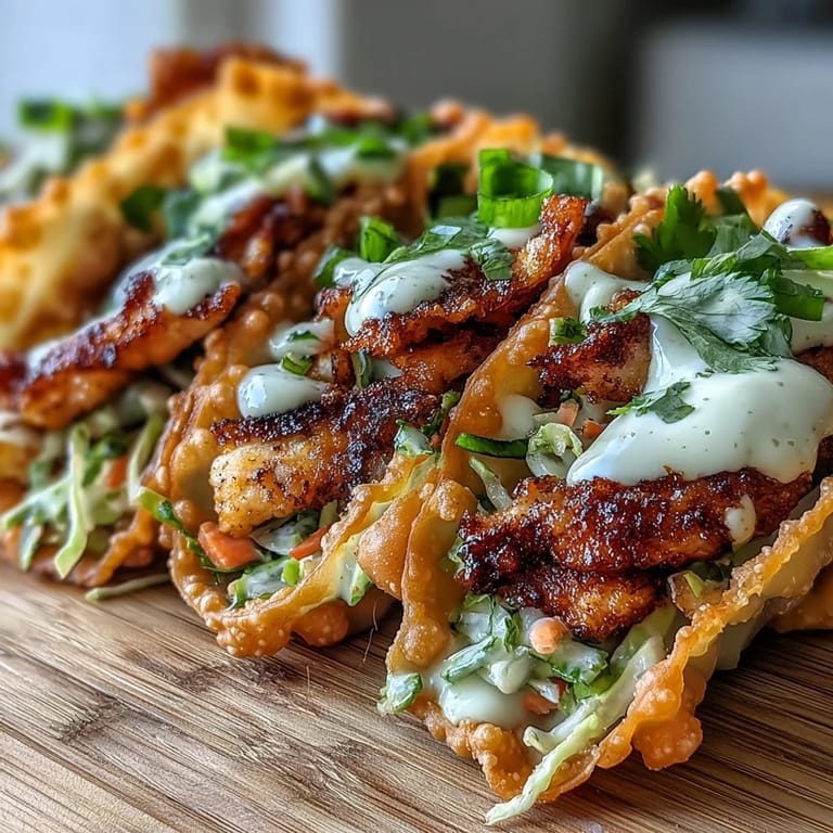 Crispy Chicken Wonton Tacos garnished with fresh cilantro and lime wedges, served on a white platter for dinner.