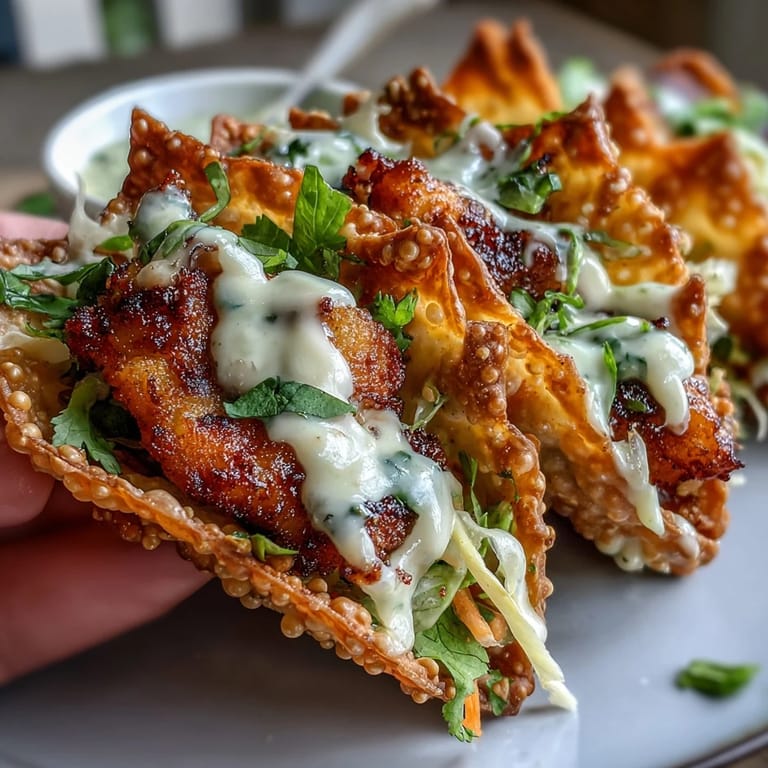 Asian fusion Crispy Chicken Wonton Tacos featuring smoky spiced chicken and vibrant red cabbage slaw in a handheld shell.
