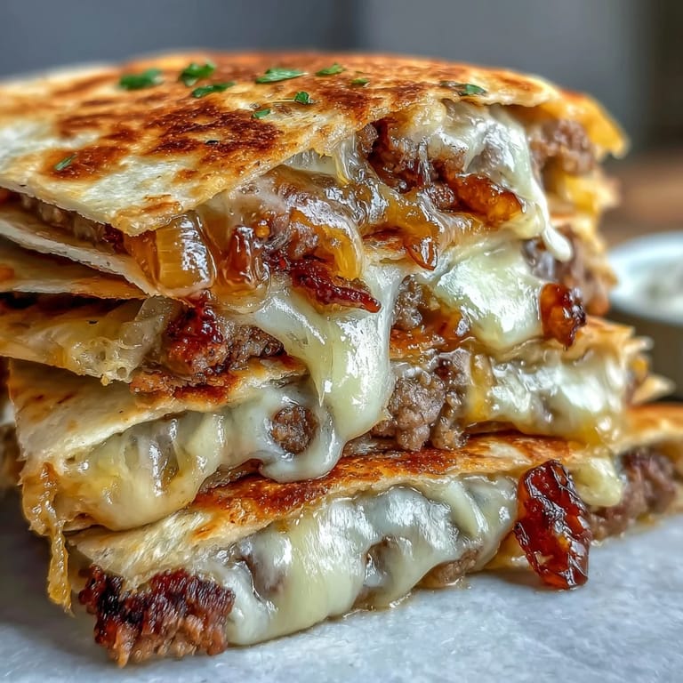 A close-up of a Cheesy Griddled Smashburger Quesadilla on a wooden cutting board, oozing with rich cheese sauce and juicy beef, ready for a hearty dinner.