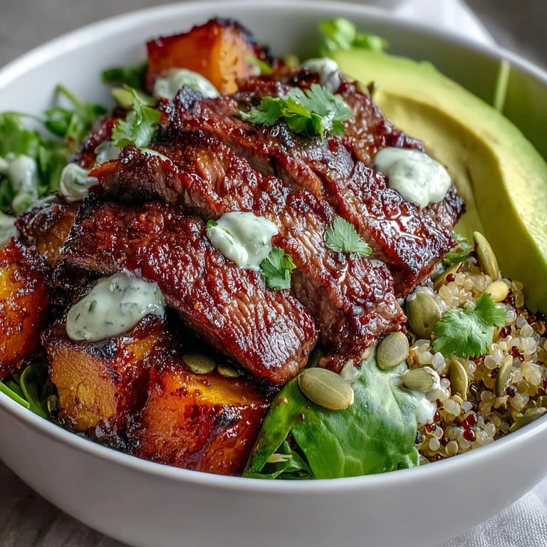 Sizzling Butternut Squash Steak Bowls feature juicy steak against creamy avocado and caramelized squash, perfect with a lime dressing drizzle.