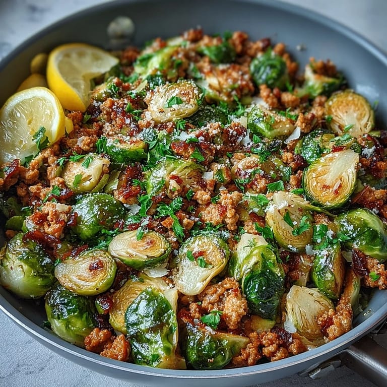 Garlic-infused Brussels sprouts and ground turkey mingle in a skillet, brightened with lemon juice and ready for a hearty dinner.