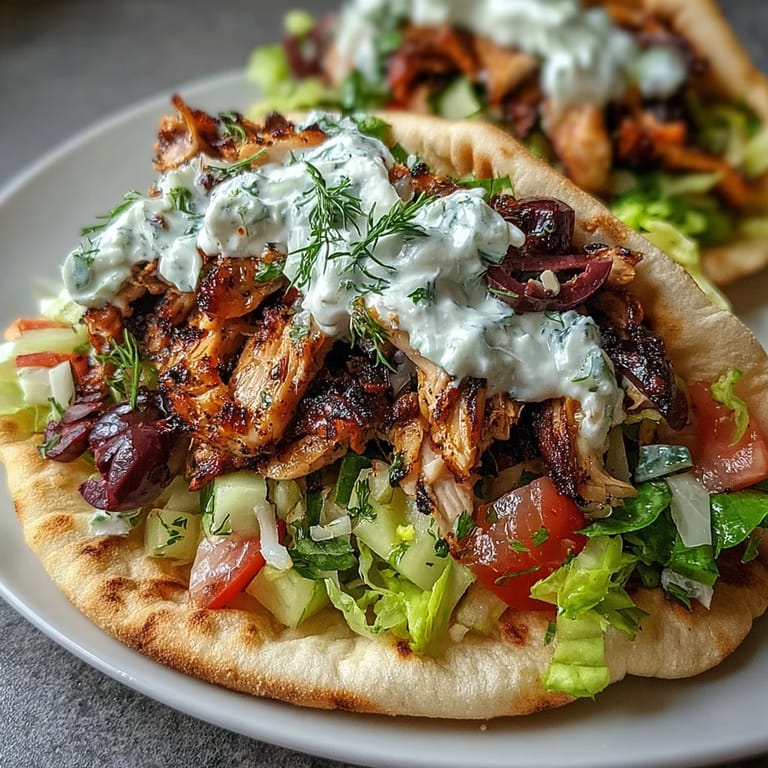 Plated Mediterranean Chicken Gyros garnished with dill and Kalamata olives, served with lemon wedges.