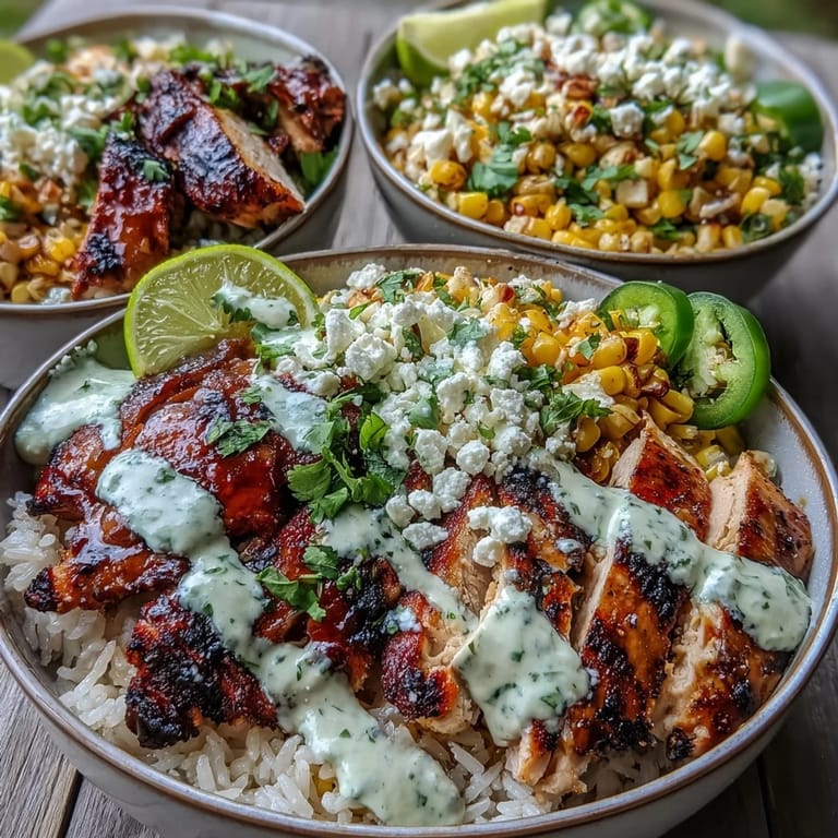 Overhead view of Street Corn Chicken and Rice Bowls, garnished with crumbled cotija cheese, fresh cilantro, lime wedges, and sliced jalapeños.