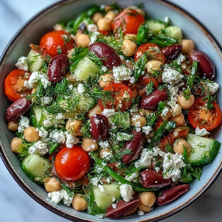 Colorful Greek Bean Salad in a white bowl, featuring Kalamata olives, red onion, and fresh herbs tossed in a zesty vinaigrette.