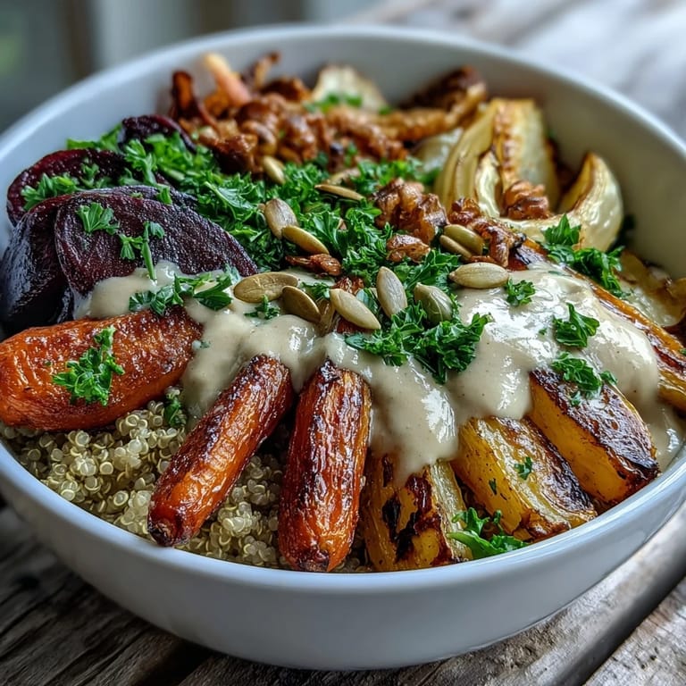 A hearty Roasted Root Vegetable Bowl garnished with fresh parsley and pumpkin seeds, drizzled with creamy tahini sauce.