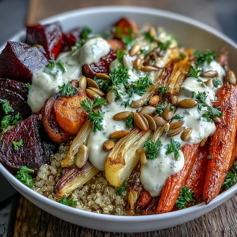 Caramelized root vegetables glisten with tahini drizzle in this wholesome Roasted Root Vegetable Bowl, perfect for a vibrant dinner.