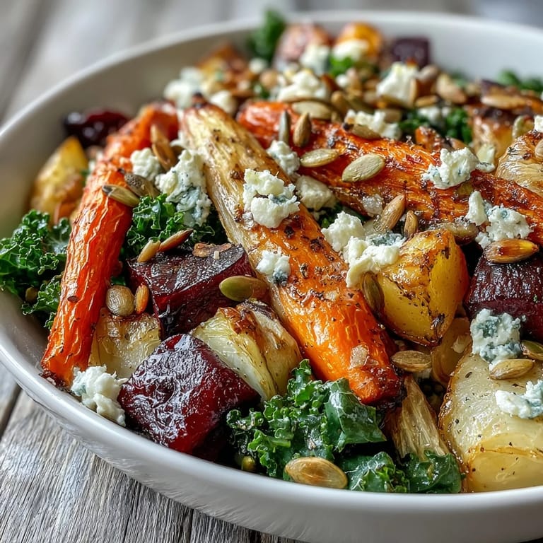 Hearty vegetarian Winter Root Vegetable Bowl featuring tender roasted roots on kale, garnished with pumpkin seeds and a warm golden dressing.