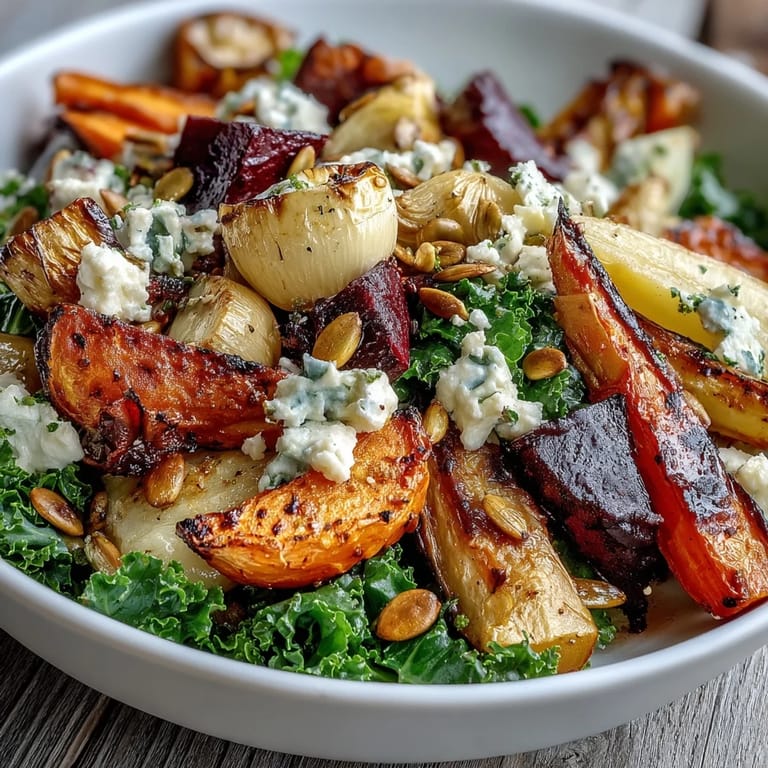 Fresh massaged kale and caramelized vegetables in a Winter Root Vegetable Bowl, drizzled with a tangy Dijon and apple cider dressing.