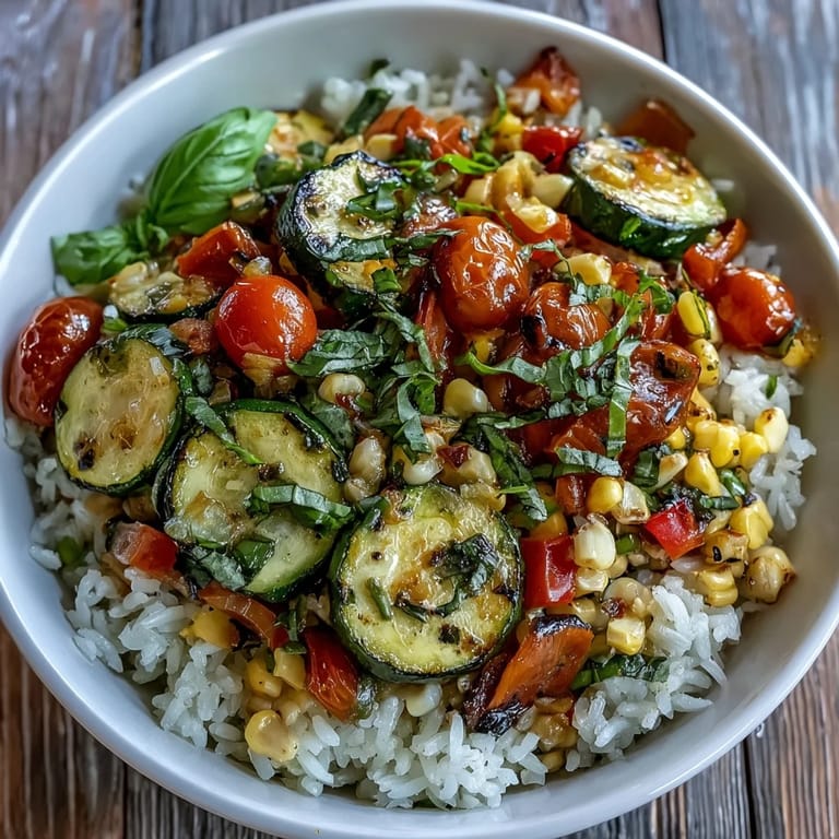 Vibrant Summer Vegetable Bowl with golden sautéed vegetables, juicy tomatoes, and sweet corn piled high on warm fluffy rice.