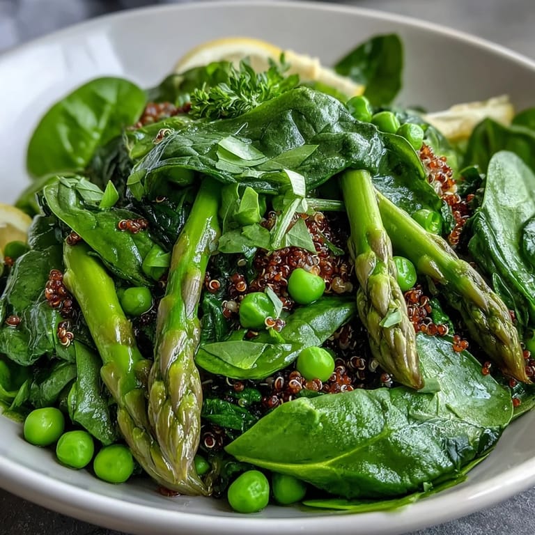 Close-up of a Spring Green Bowl featuring peas, asparagus, green beans, and spinach over quinoa, drizzled with lemon dressing and topped with seeds.