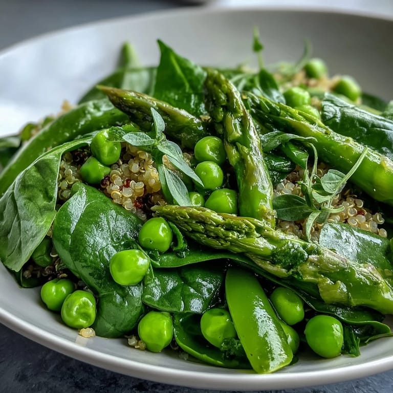 A wholesome Spring Green Bowl with blanched spring vegetables, hearty grains, and fresh herbs, served in white bowls with a lemon wedge.