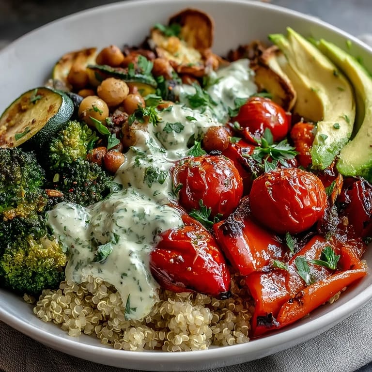 Hearty vegetable and legume bowl garnished with avocado slices, fresh parsley, and toasted pumpkin seeds, drizzled with tahini sauce.