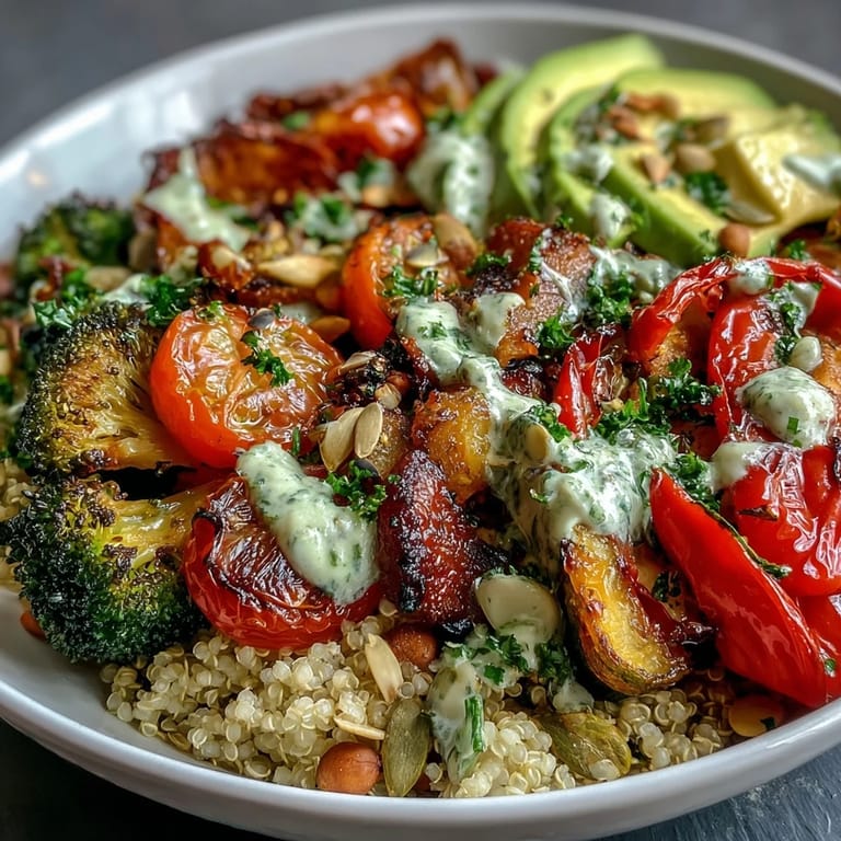 Colorful roasted vegetable and legume bowl served warm with lemon wedges on the side for a zesty finish.