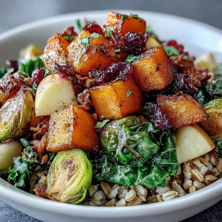 A vibrant Fall Vegetable Bowl featuring golden roasted squash, green Brussels sprouts, and apple slices, garnished with cranberries and pepitas on a rustic table.