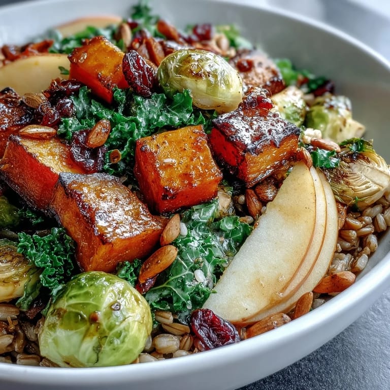 In a cozy, dimly lit kitchen, a warm Fall Vegetable Bowl showcases tender grains, wilted kale, and caramelized apples, ready for a healthy dinner.