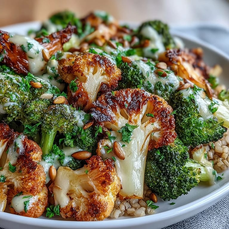 A vibrant Roasted Brassica Bowl featuring crispy, oven-roasted vegetables over hearty grains, topped with crunchy pumpkin seeds and fresh parsley.