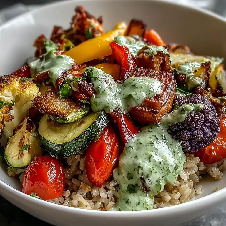 Freshly blended green herb sauce is drizzled over a vibrant Rainbow Roasted Vegetable Bowl, garnished with sliced zucchini and carrots.