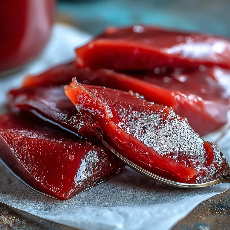 Smooth, sweet guava paste in a parchment-lined pan, showcasing its jammy texture ideal for vegan pastry fillings.