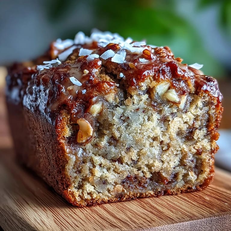 A sliced loaf of Vegan Cardamom Guava Banana Bread reveals a moist, golden interior studded with chopped walnuts.